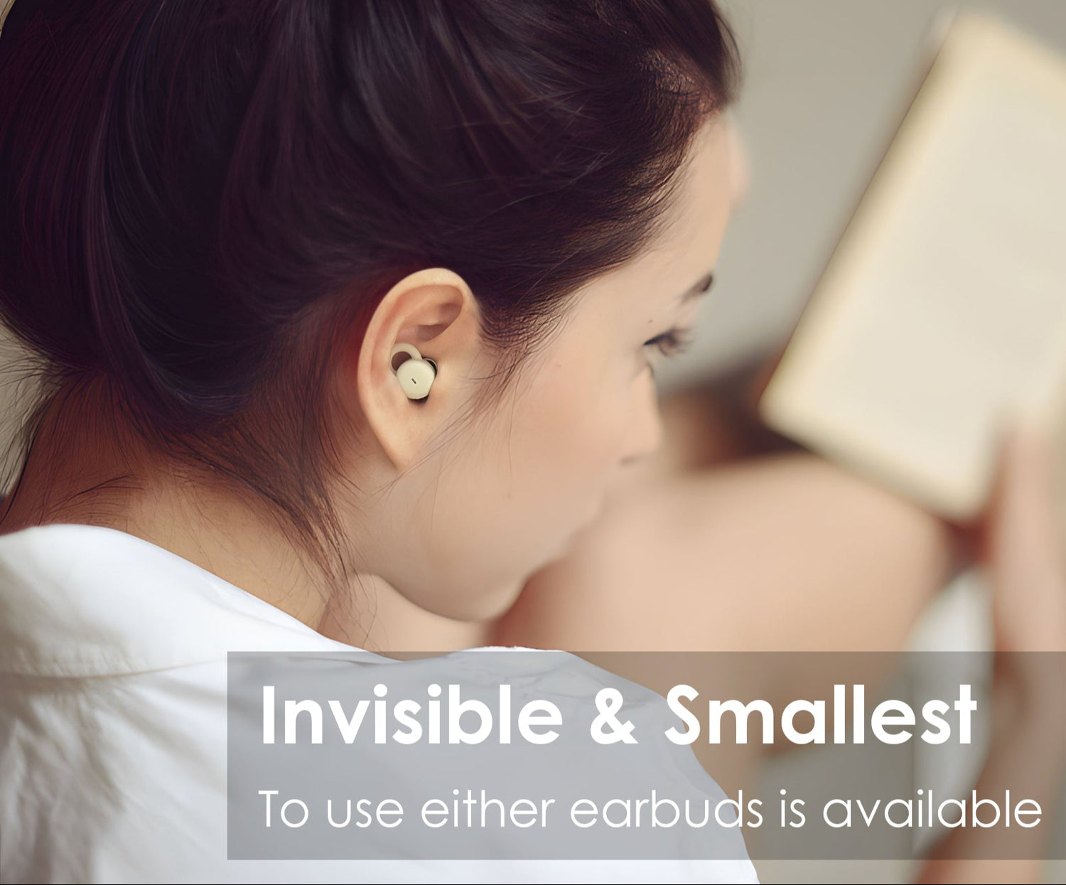 Woman wearing a small earbud with text overlay about earbuds being invisible and smallest.