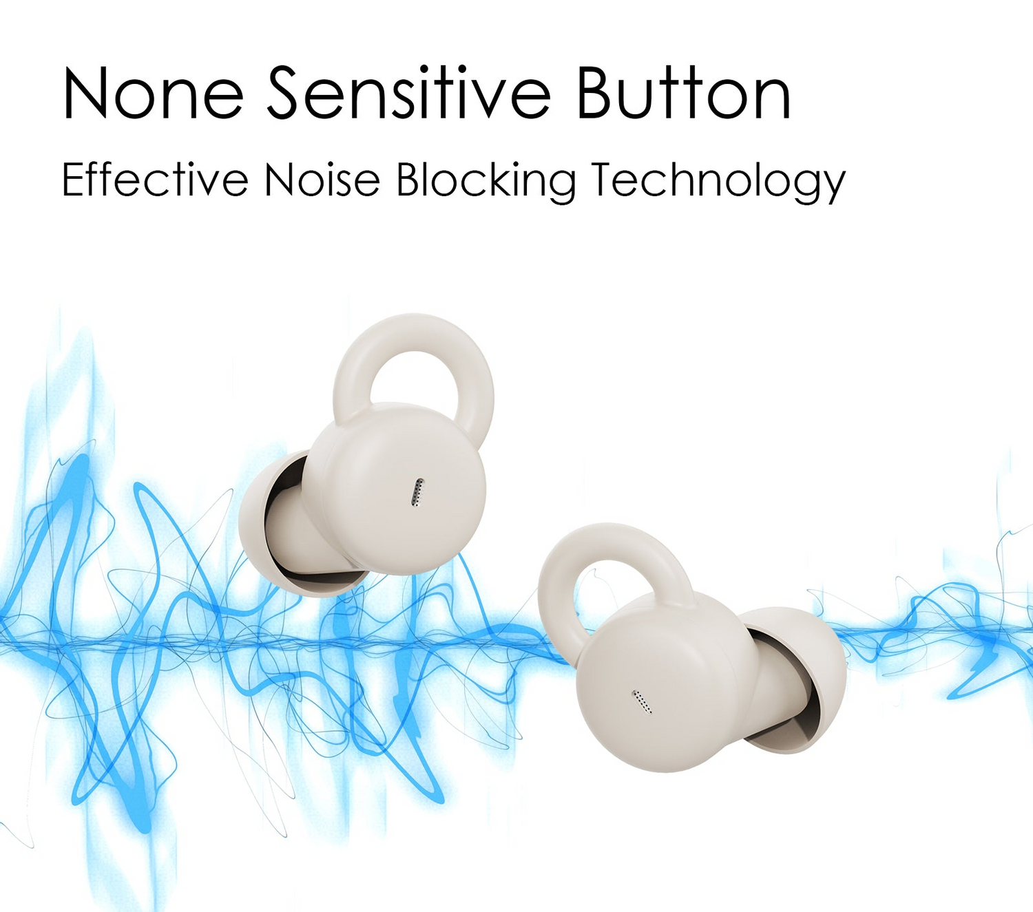 White wireless earbuds with blue energy effect on a white background, featuring text about noise blocking technology.