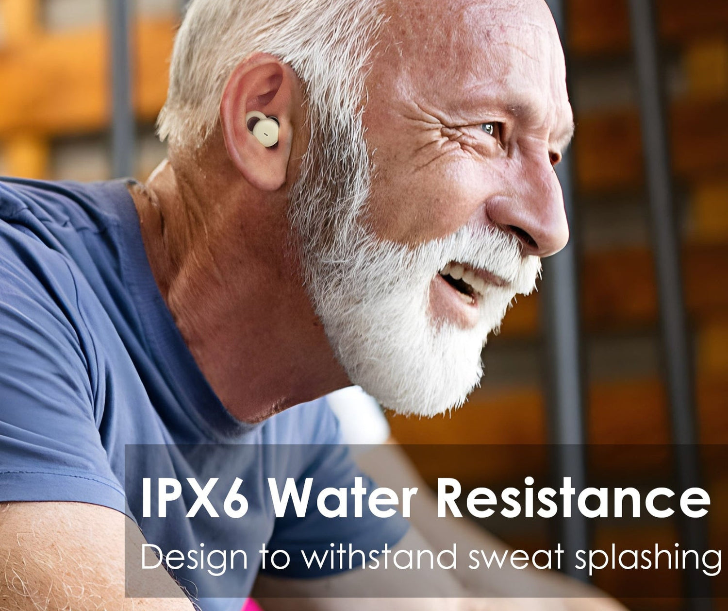 Man wearing a device with IPX6 water resistance text overlay